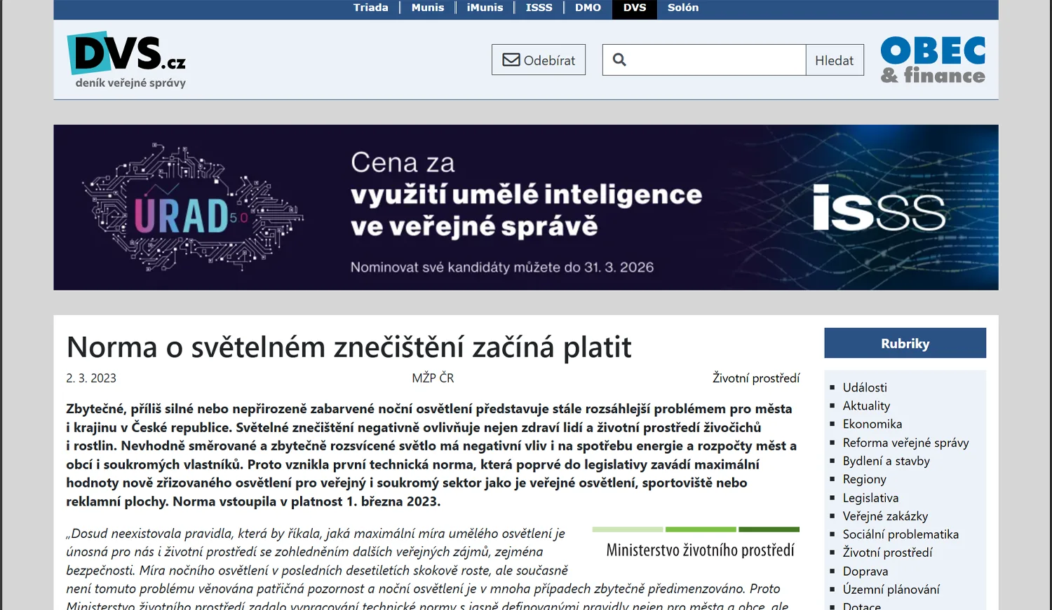 Norma o světelném znečištění začíná platit